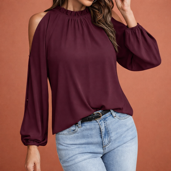 Damenbluse mit Rüschenkragen und offenen Schultern für elegante Outfits | Elinor