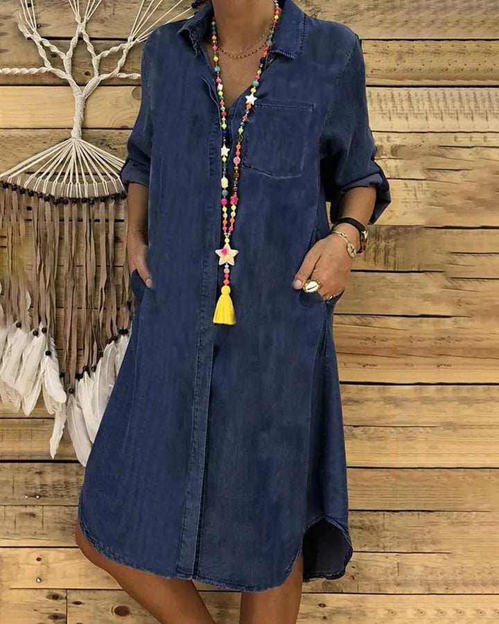 Brenda - Denim Langarmhemdkleid mit Brusttasche