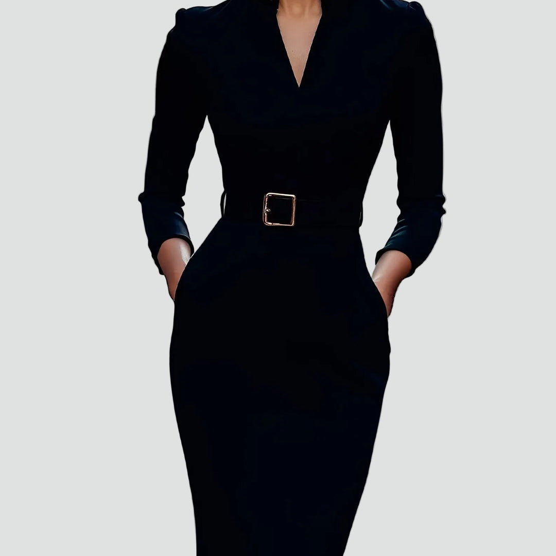 Geschäftliches Midi-Kleid für Damen mit Gürtel und 3/4-Ärmeln, Elegant und Figurbetont - Leonora Bianchi