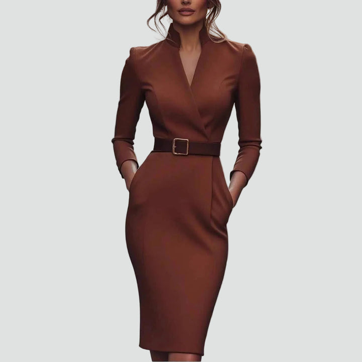 Geschäftliches Midi-Kleid für Damen mit Gürtel und 3/4-Ärmeln, Elegant und Figurbetont - Leonora Bianchi