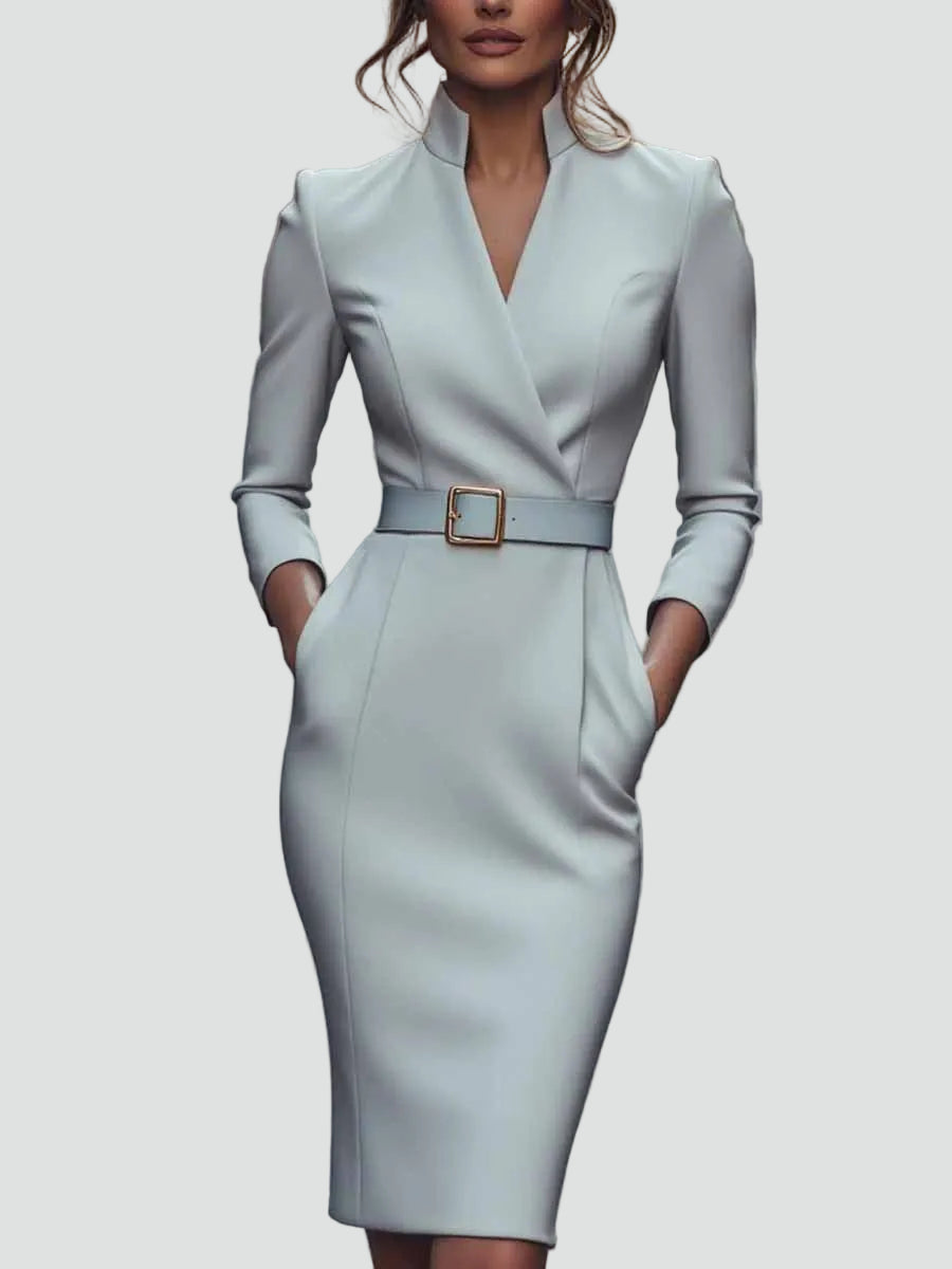 Geschäftliches Midi-Kleid für Damen mit Gürtel und 3/4-Ärmeln, Elegant und Figurbetont - Leonora Bianchi