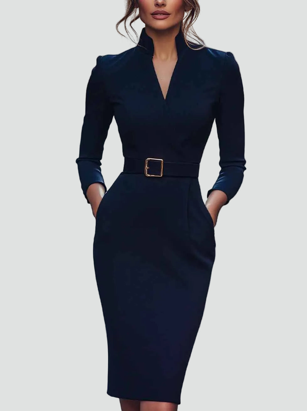 Geschäftliches Midi-Kleid für Damen mit Gürtel und 3/4-Ärmeln, Elegant und Figurbetont - Leonora Bianchi