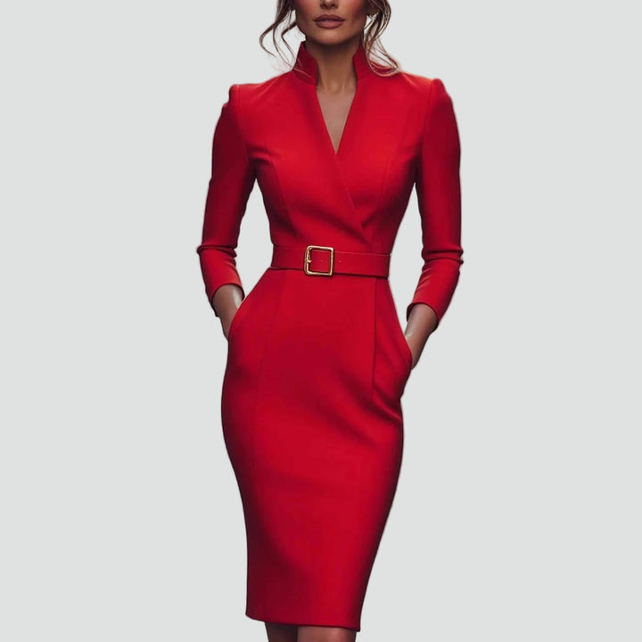 Geschäftliches Midi-Kleid für Damen mit Gürtel und 3/4-Ärmeln, Elegant und Figurbetont - Leonora Bianchi