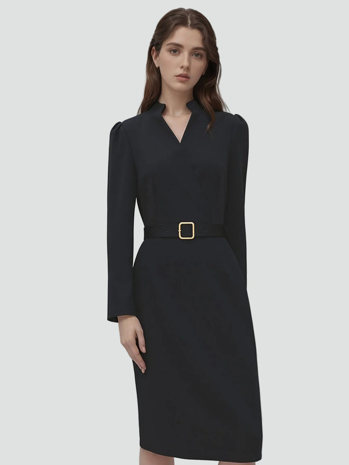 Geschäftliches Midi-Kleid für Damen mit Gürtel und 3/4-Ärmeln, Elegant und Figurbetont - Leonora Bianchi