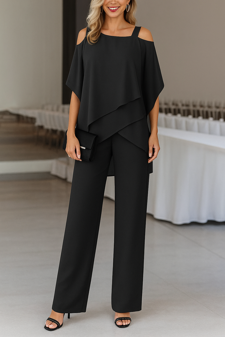 Elegantes Luftiges Damen-Set Mit Off-Shoulder-Top Und Weit Geschnittenen Hosen