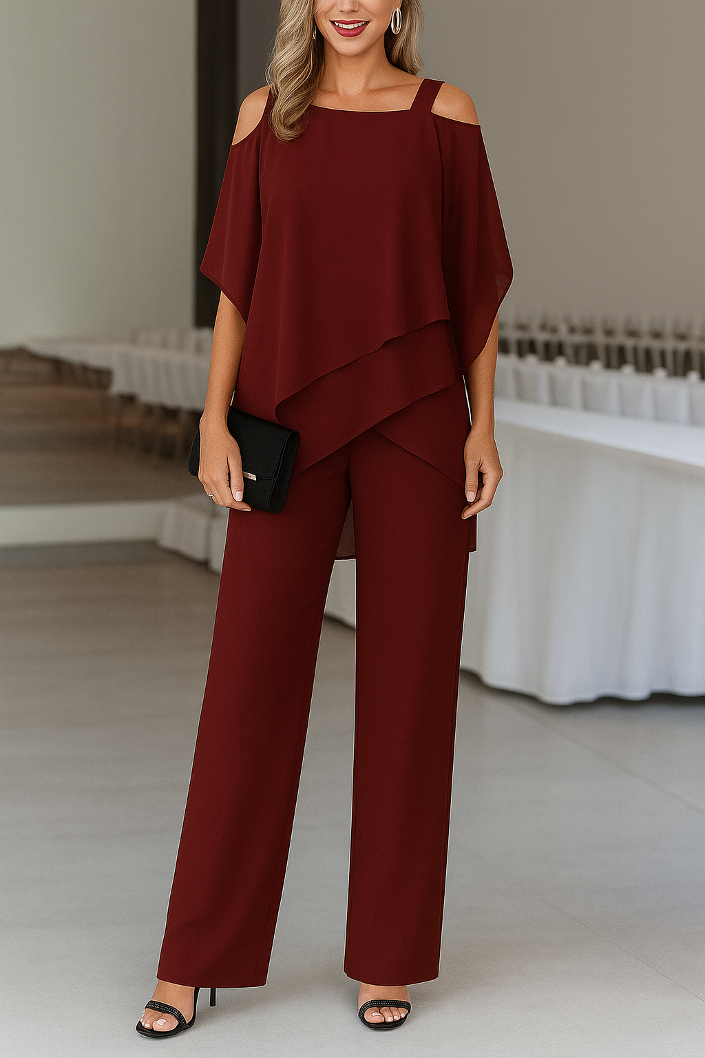 Elegantes Luftiges Damen-Set Mit Off-Shoulder-Top Und Weit Geschnittenen Hosen