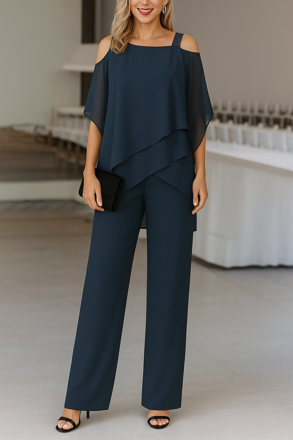Elegantes Luftiges Damen-Set Mit Off-Shoulder-Top Und Weit Geschnittenen Hosen