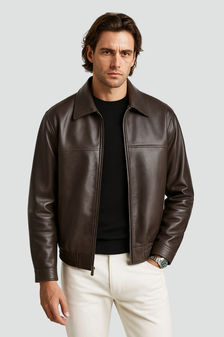 Herren Lederjacke Slim Fit mit Reißverschluss und Stehkragen