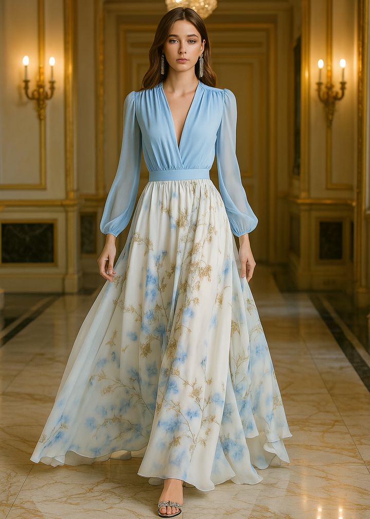 Sofie - Damen Maxikleid mit V-Ausschnitt und geblümtem Saum