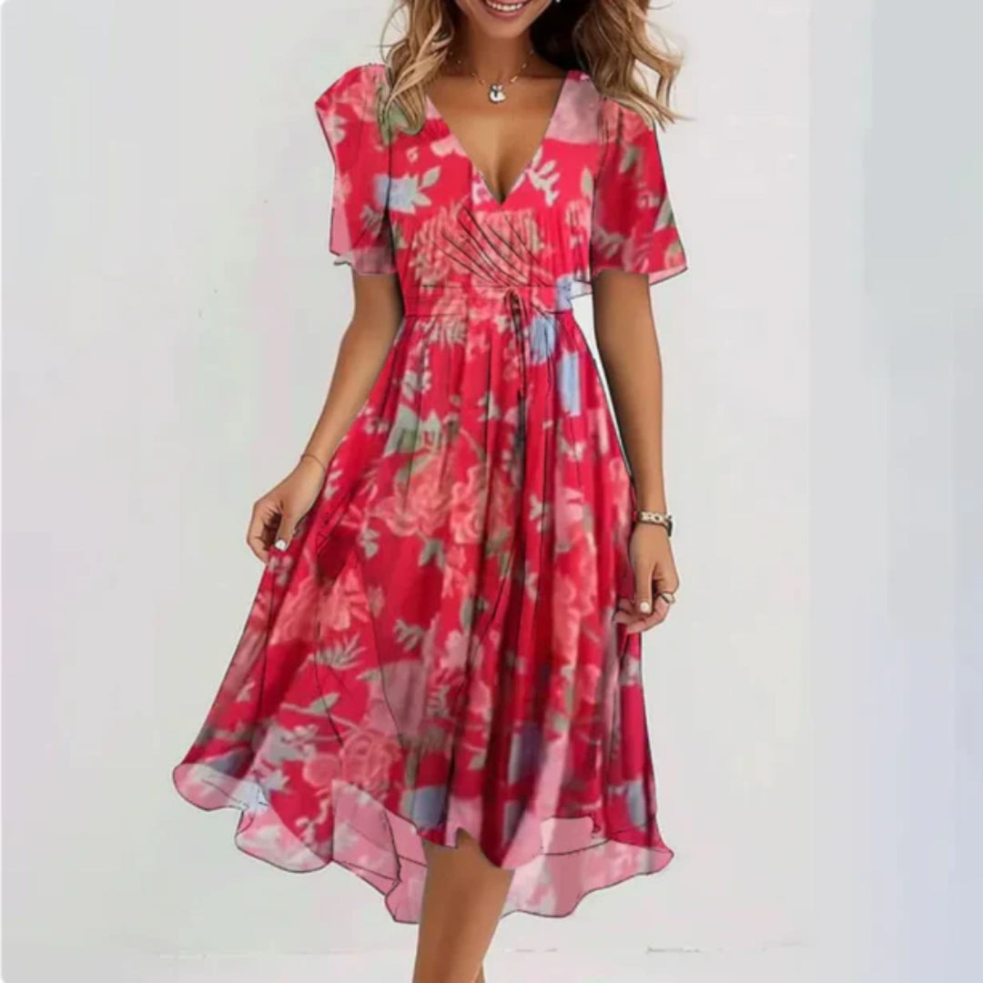 Chiffonkleid - V-Ausschnitt - Schmetterlingsärmel - Midikleid - Sommerkleid