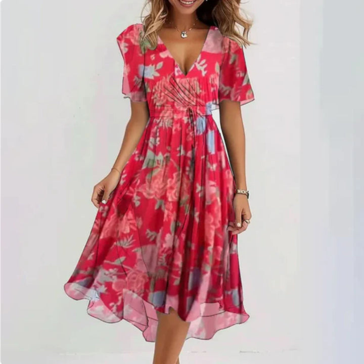 Chiffonkleid - V-Ausschnitt - Schmetterlingsärmel - Midikleid - Sommerkleid