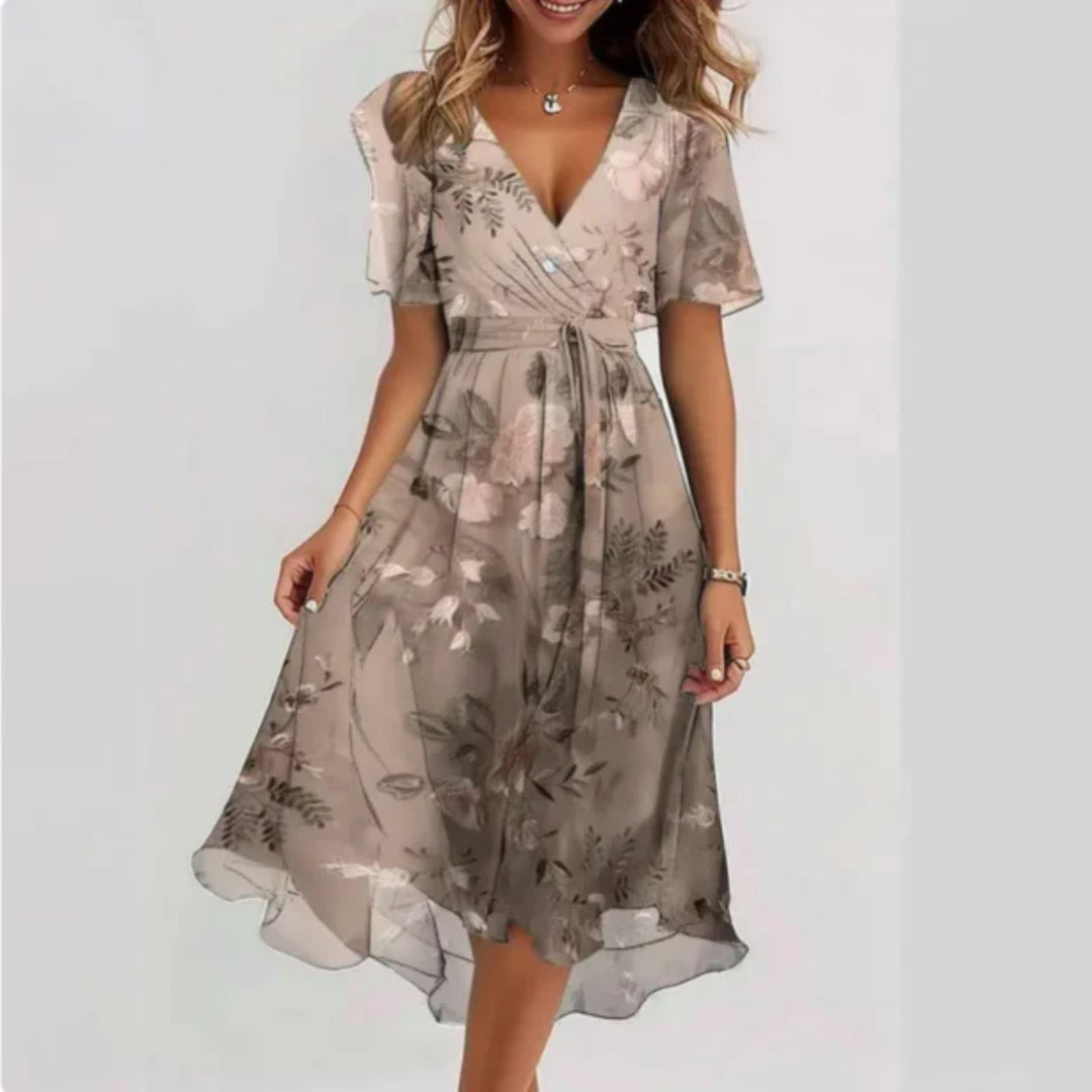 Chiffonkleid - V-Ausschnitt - Schmetterlingsärmel - Midikleid - Sommerkleid