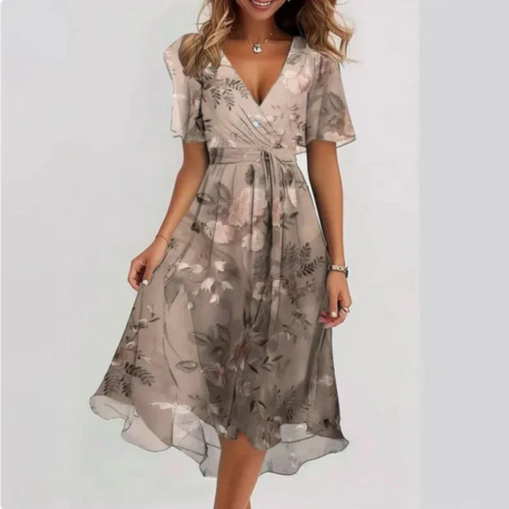 Chiffonkleid - V-Ausschnitt - Schmetterlingsärmel - Midikleid - Sommerkleid