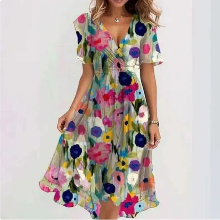Chiffonkleid - V-Ausschnitt - Schmetterlingsärmel - Midikleid - Sommerkleid