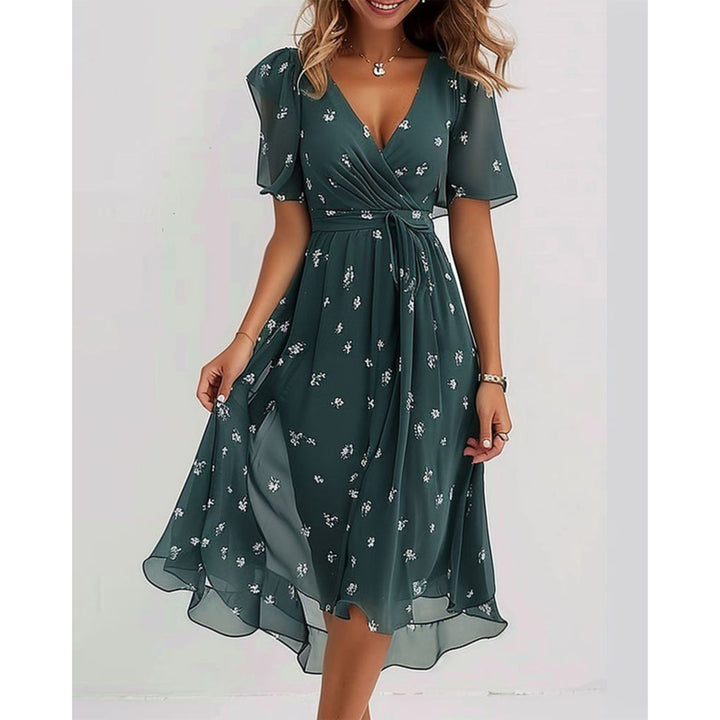 Chiffonkleid - V-Ausschnitt - Schmetterlingsärmel - Midikleid - Sommerkleid