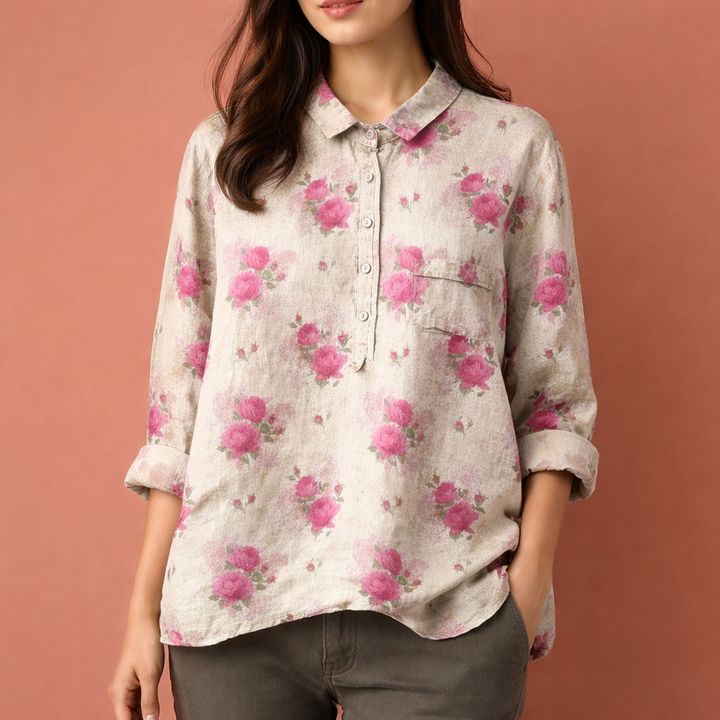 Blumenmuster Bluse mit langen Ärmeln und Kragen für Damen | Viona