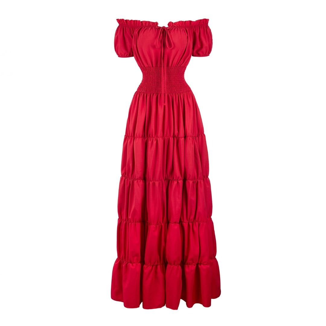 Margaret - Damen Maxikleid mit schulterfreiem Design und gestuftem Rock mit gerafftem Bund