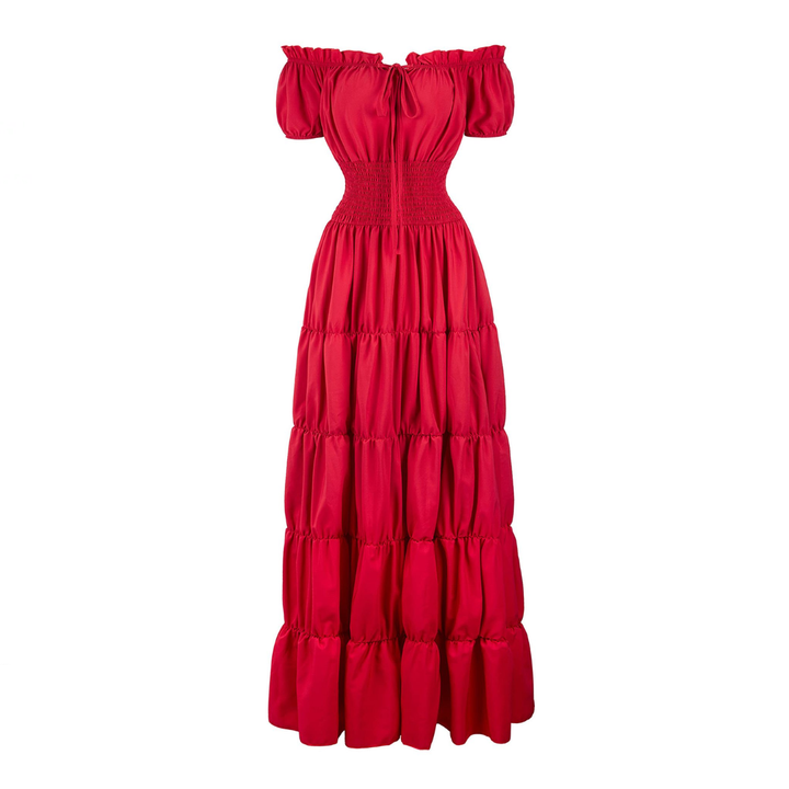 Margaret - Damen Maxikleid mit schulterfreiem Design und gestuftem Rock mit gerafftem Bund