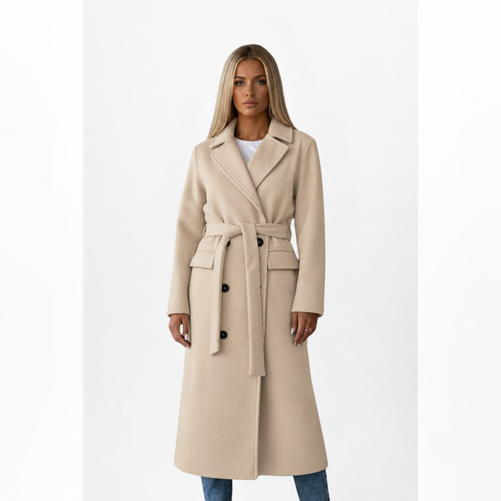 Damen Lange Jacke mit Doppelreihenknoop und Gürtel