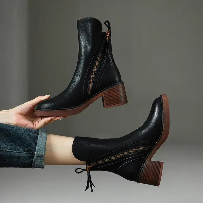 Damen Stiefeletten mit Blockabsatz und Reißverschluss