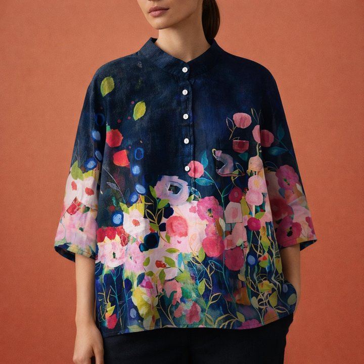Blumenmuster Bluse mit langen Ärmeln und Kragen für Damen | Viona