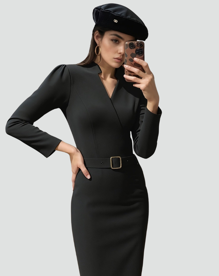 Geschäftliches Midi-Kleid für Damen mit Gürtel und 3/4-Ärmeln, Elegant und Figurbetont - Leonora Bianchi