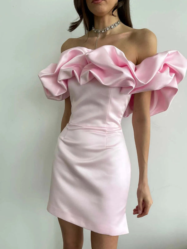 Elegantes Satinkleid mit Volant, Off-Shoulder Mini für Feste | Mirla