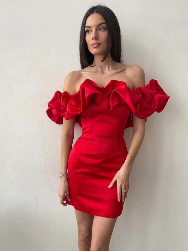 Elegantes Satinkleid mit Volant, Off-Shoulder Mini für Feste | Mirla