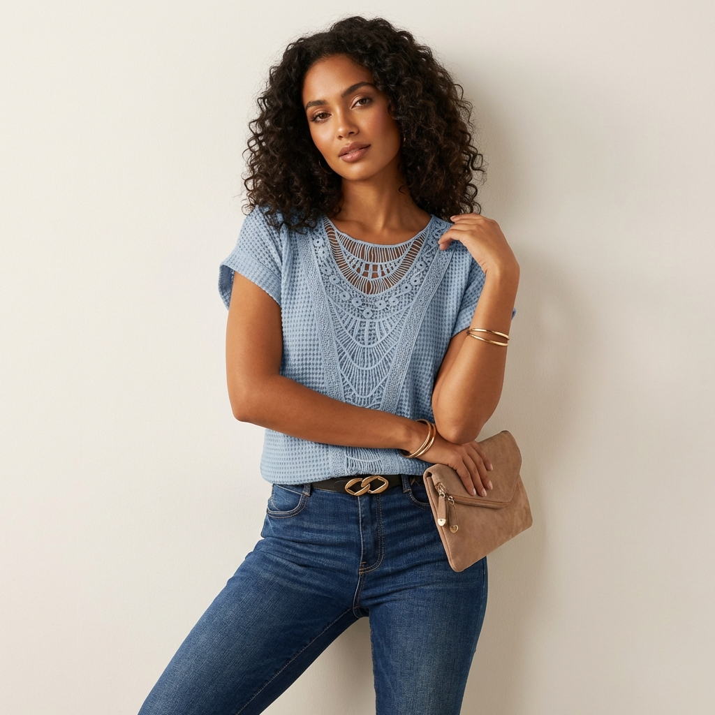 Elegante Spitzenbluse mit Rundhalsausschnitt und kurzen Ärmeln – Isabella