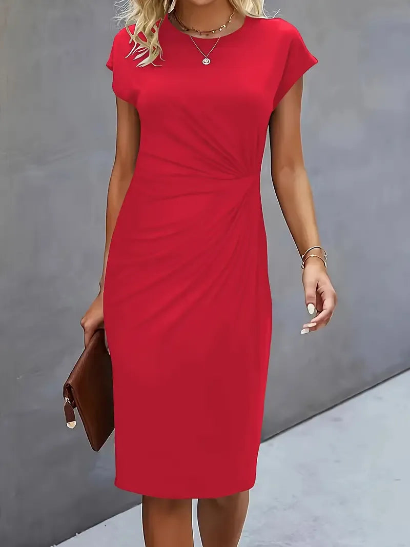 Einfarbiges Midi-Kleid mit Rundhalsausschnitt für Frauen | Ideal für Arbeit oder Veranstaltungen