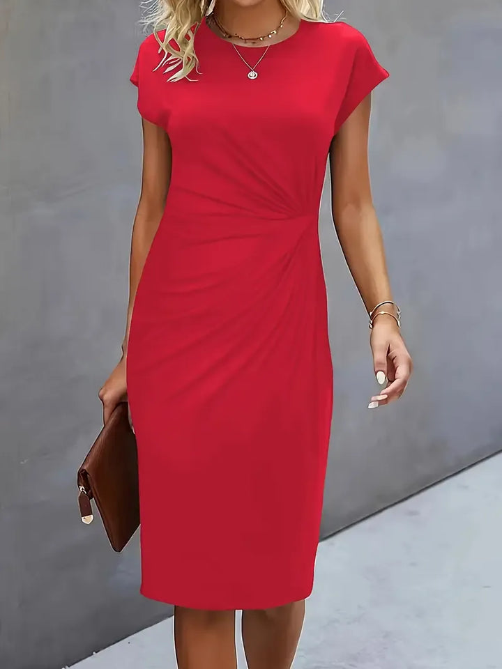 Einfarbiges Midi-Kleid mit Rundhalsausschnitt für Frauen | Ideal für Arbeit oder Veranstaltungen