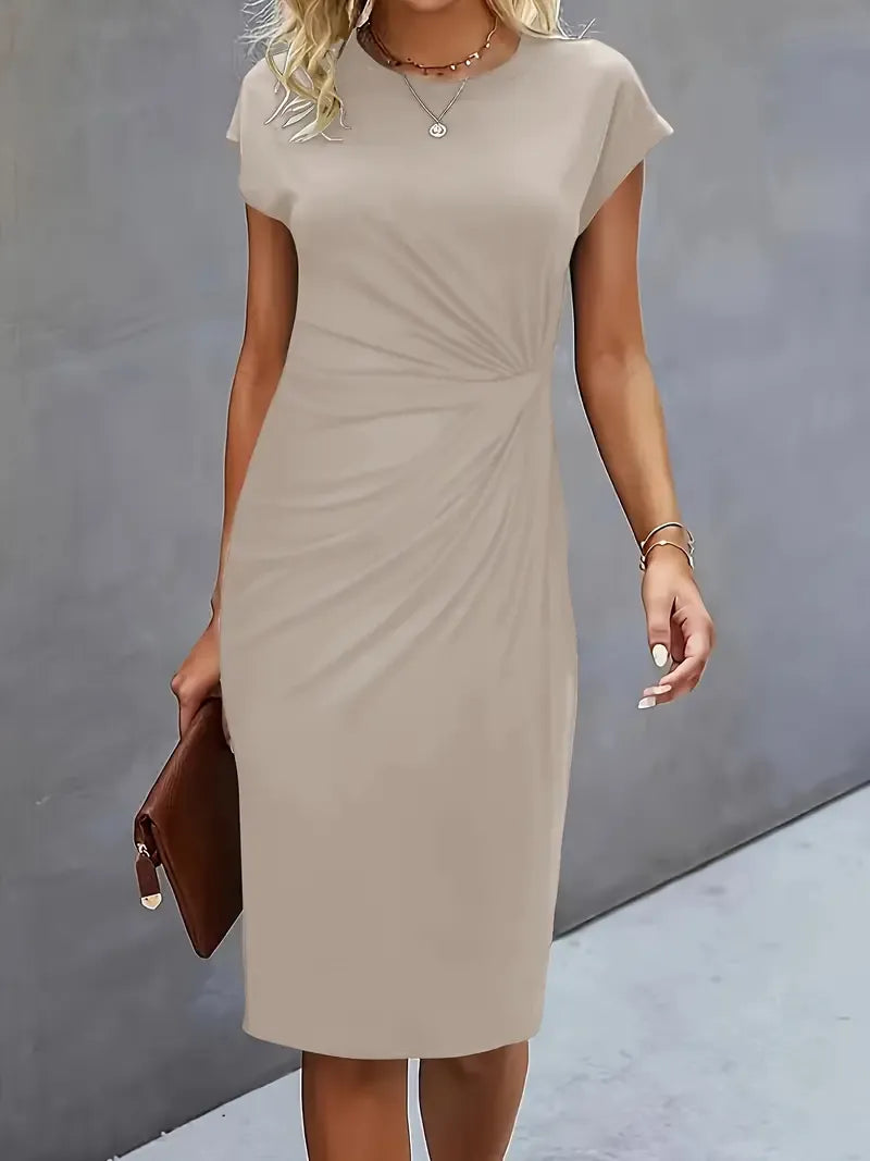 Einfarbiges Midi-Kleid mit Rundhalsausschnitt für Frauen | Ideal für Arbeit oder Veranstaltungen