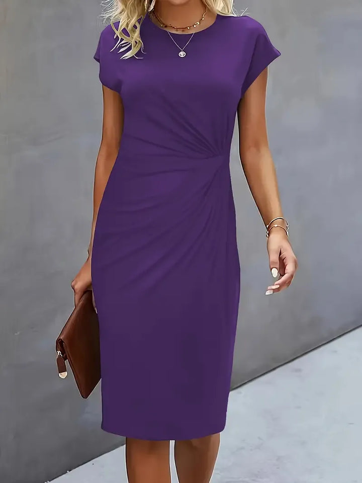 Einfarbiges Midi-Kleid mit Rundhalsausschnitt für Frauen | Ideal für Arbeit oder Veranstaltungen