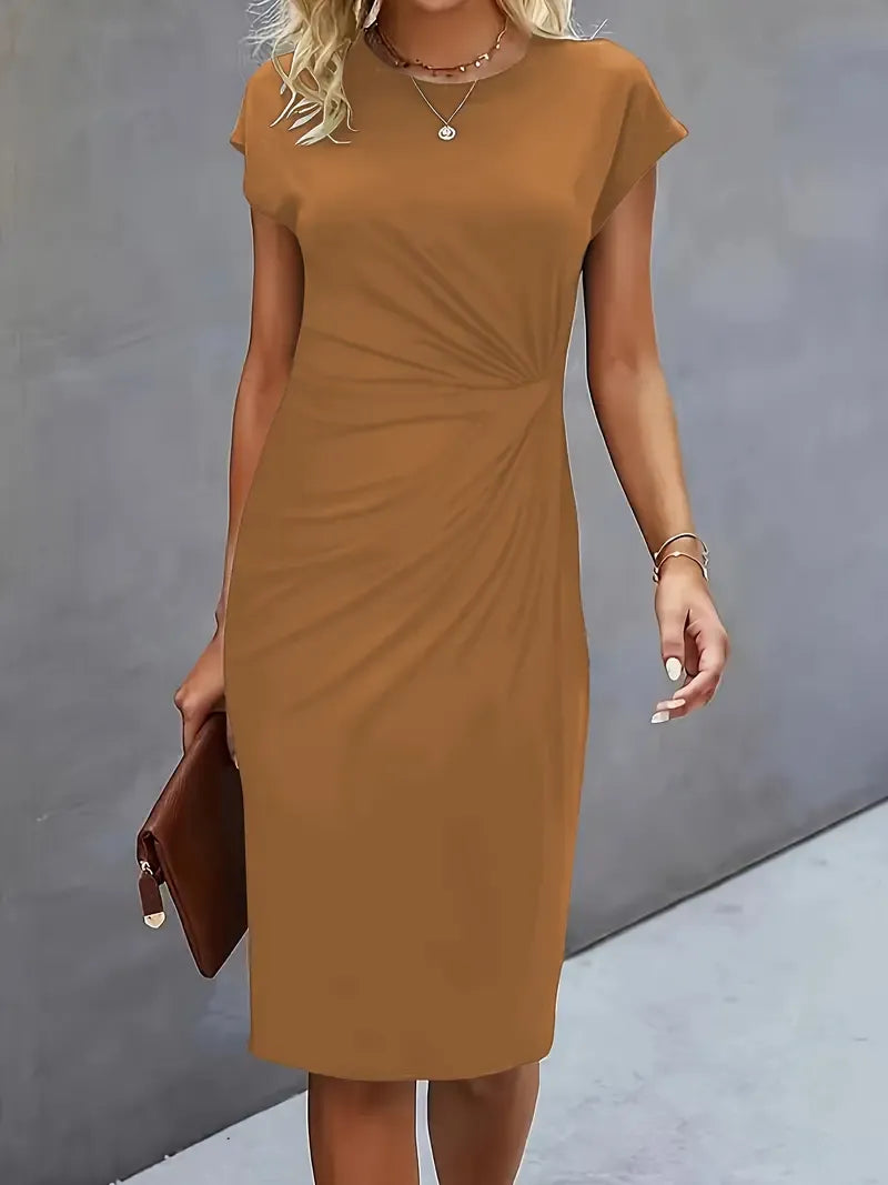 Einfarbiges Midi-Kleid mit Rundhalsausschnitt für Frauen | Ideal für Arbeit oder Veranstaltungen