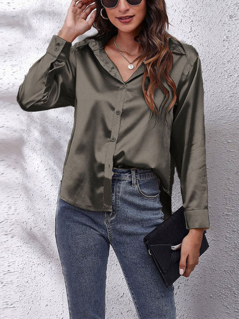 Elegante Bluse Damen Satinoptik Langarm