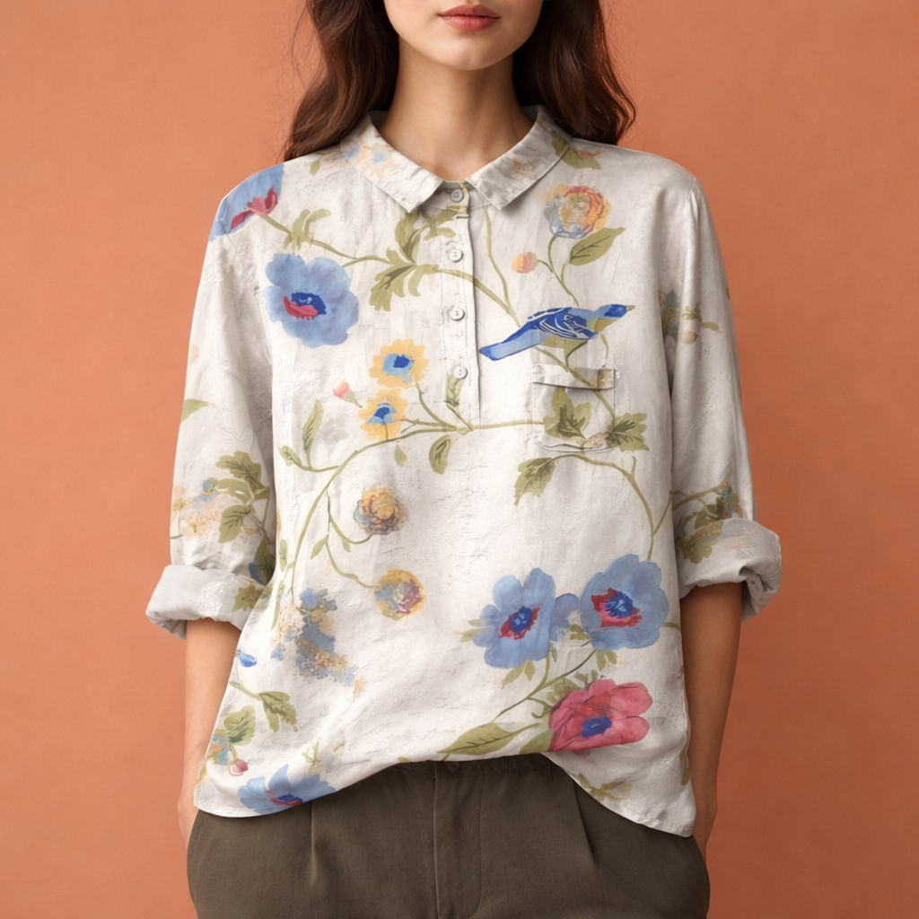 Blumenmuster Bluse mit langen Ärmeln und Kragen für Damen | Viona