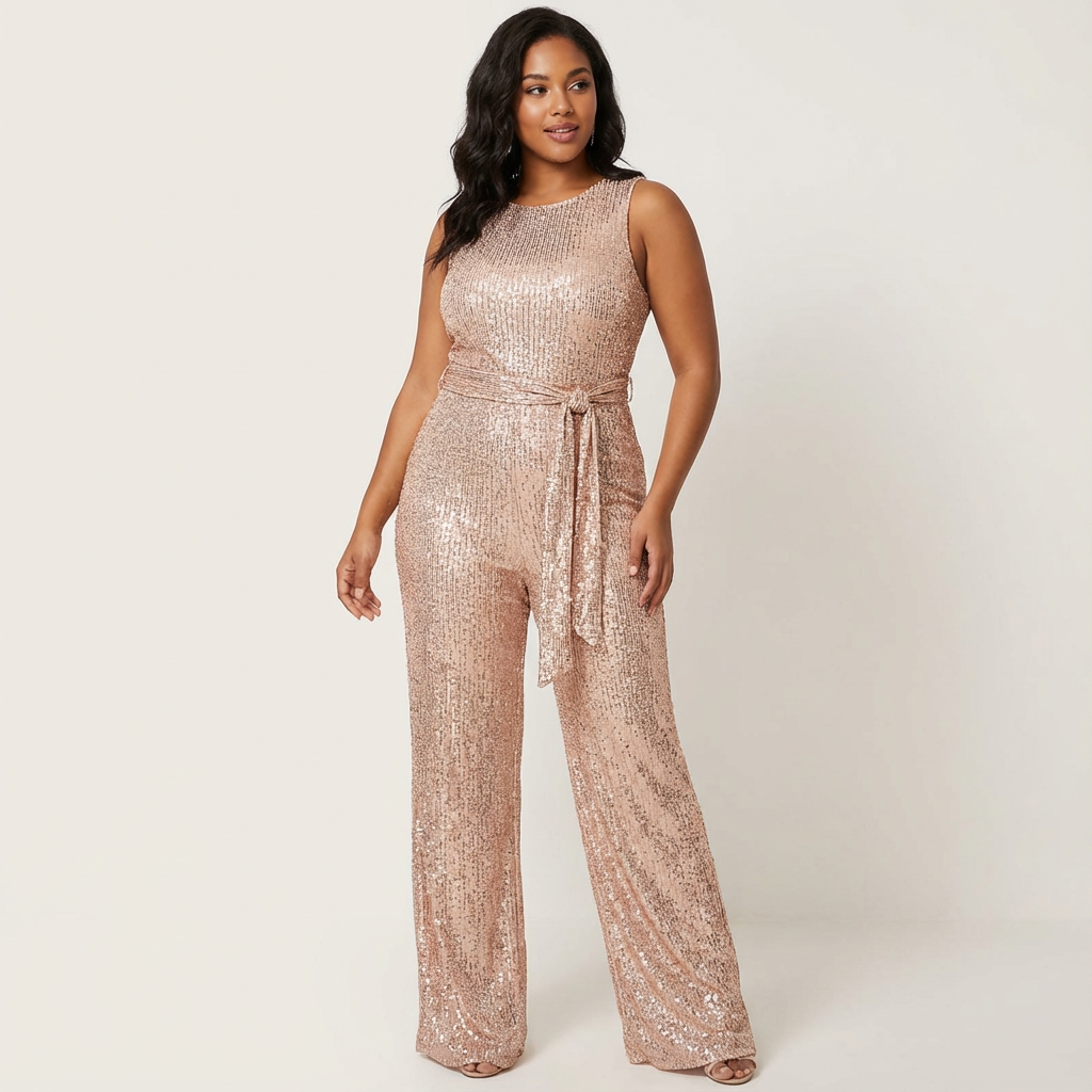 Glamouröser Damen Glitzer-Jumpsuit mit offenem Rücken