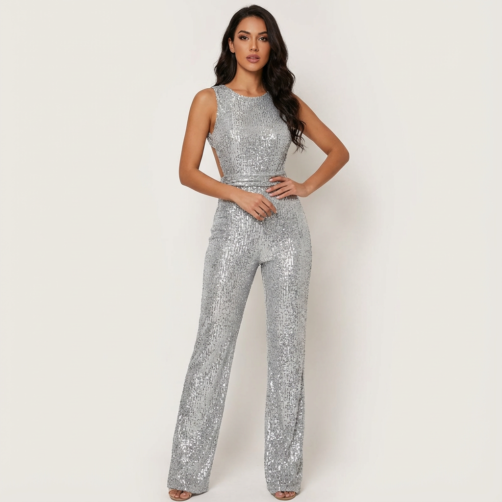 Glamouröser Damen Glitzer-Jumpsuit mit offenem Rücken