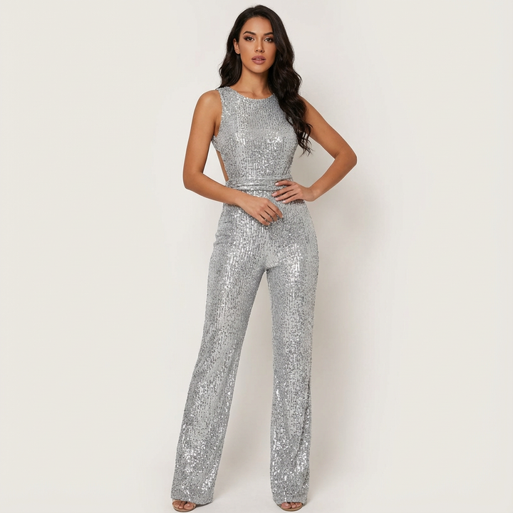 Glamouröser Damen Glitzer-Jumpsuit mit offenem Rücken