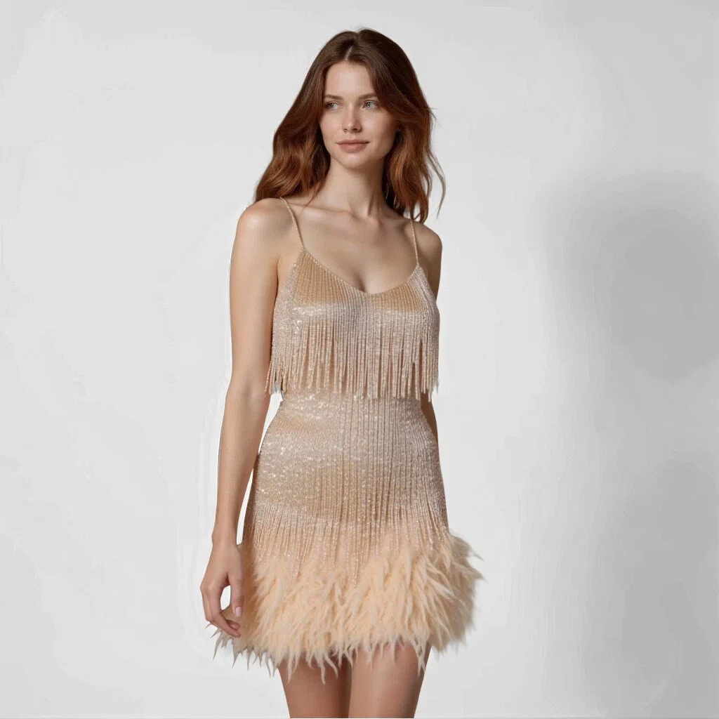 Glamouröses Pailletten-Feder-Cocktailkleid