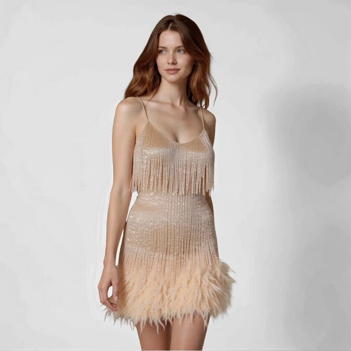 Glamouröses Pailletten-Feder-Cocktailkleid