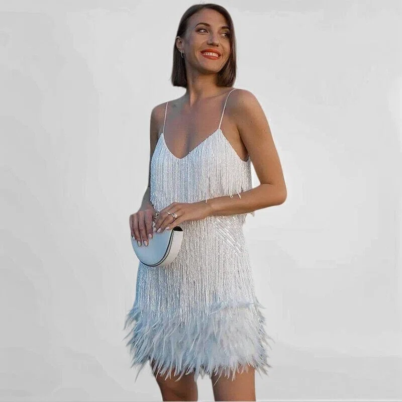 Glamouröses Pailletten-Feder-Cocktailkleid