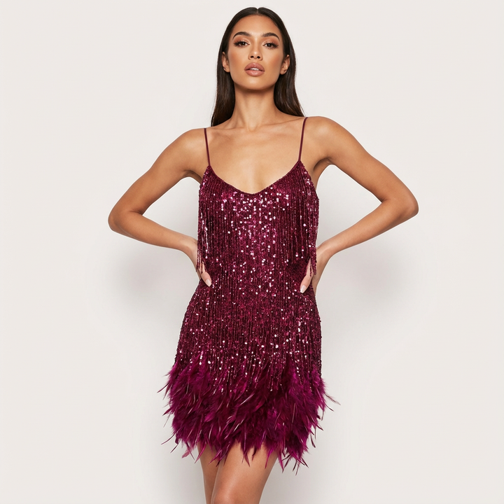 Glamouröses Pailletten-Feder-Cocktailkleid