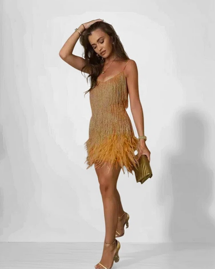 Glamouröses Pailletten-Feder-Cocktailkleid