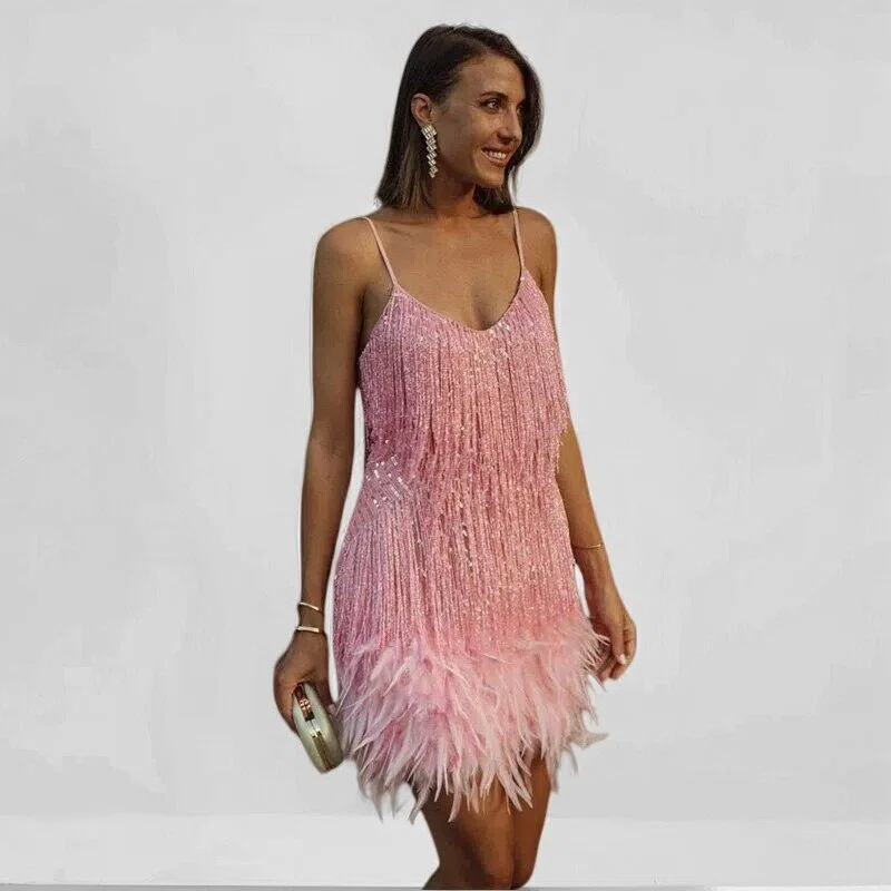 Glamouröses Pailletten-Feder-Cocktailkleid