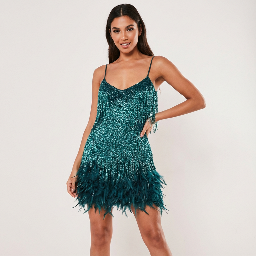 Glamouröses Pailletten-Feder-Cocktailkleid