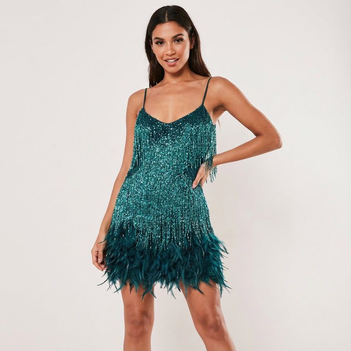 Glamouröses Pailletten-Feder-Cocktailkleid