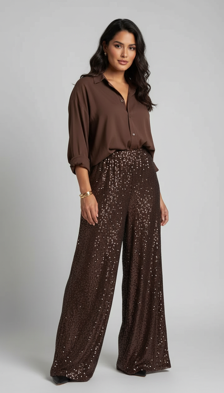 Glänzendes Damen-Set mit Bluse und weiter Hose