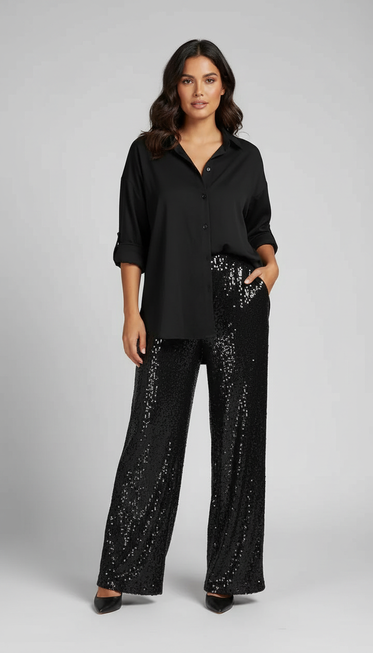 Glänzendes Damen-Set mit Bluse und weiter Hose