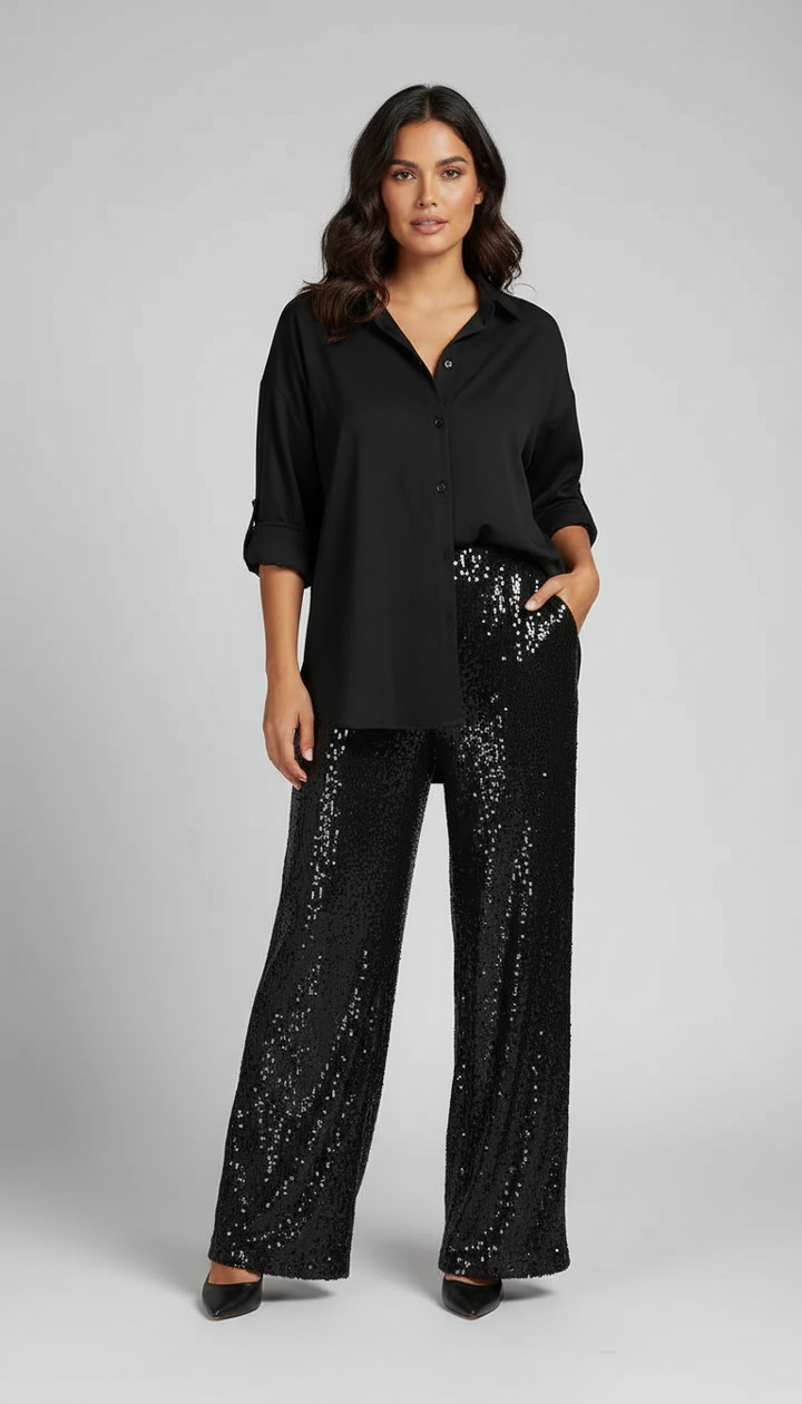 Glänzendes Damen-Set mit Bluse und weiter Hose